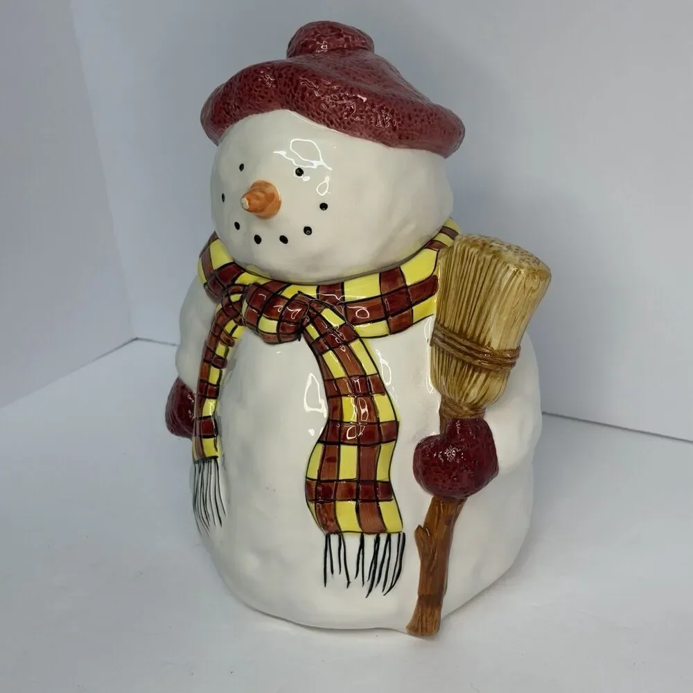 Vintage Sakura Debbie Mumm Snowman Cookie Jar Christmas Hand Painted 12